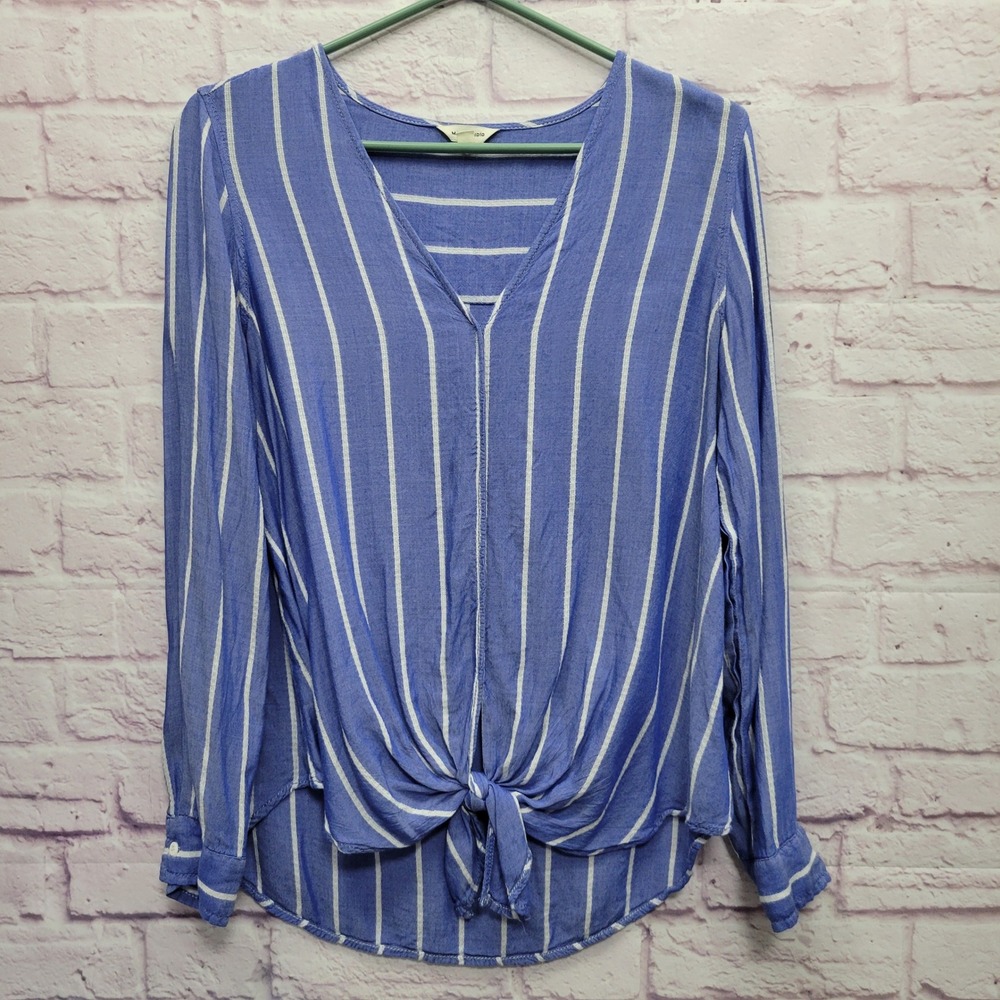 Max Studio Striped Tie Front Blouse S V-Neck Boho Coastal Casual Chic Minimalist